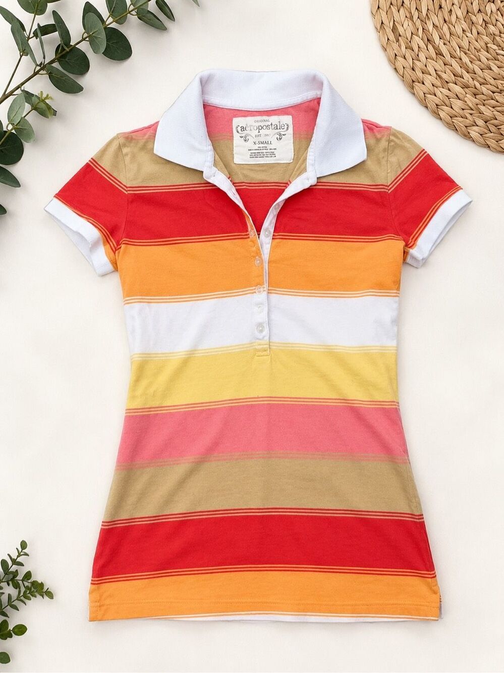 Aeropostale Women’s XS Striped Polo Shirt Multicolor Short Sleeve Y2K Preppy